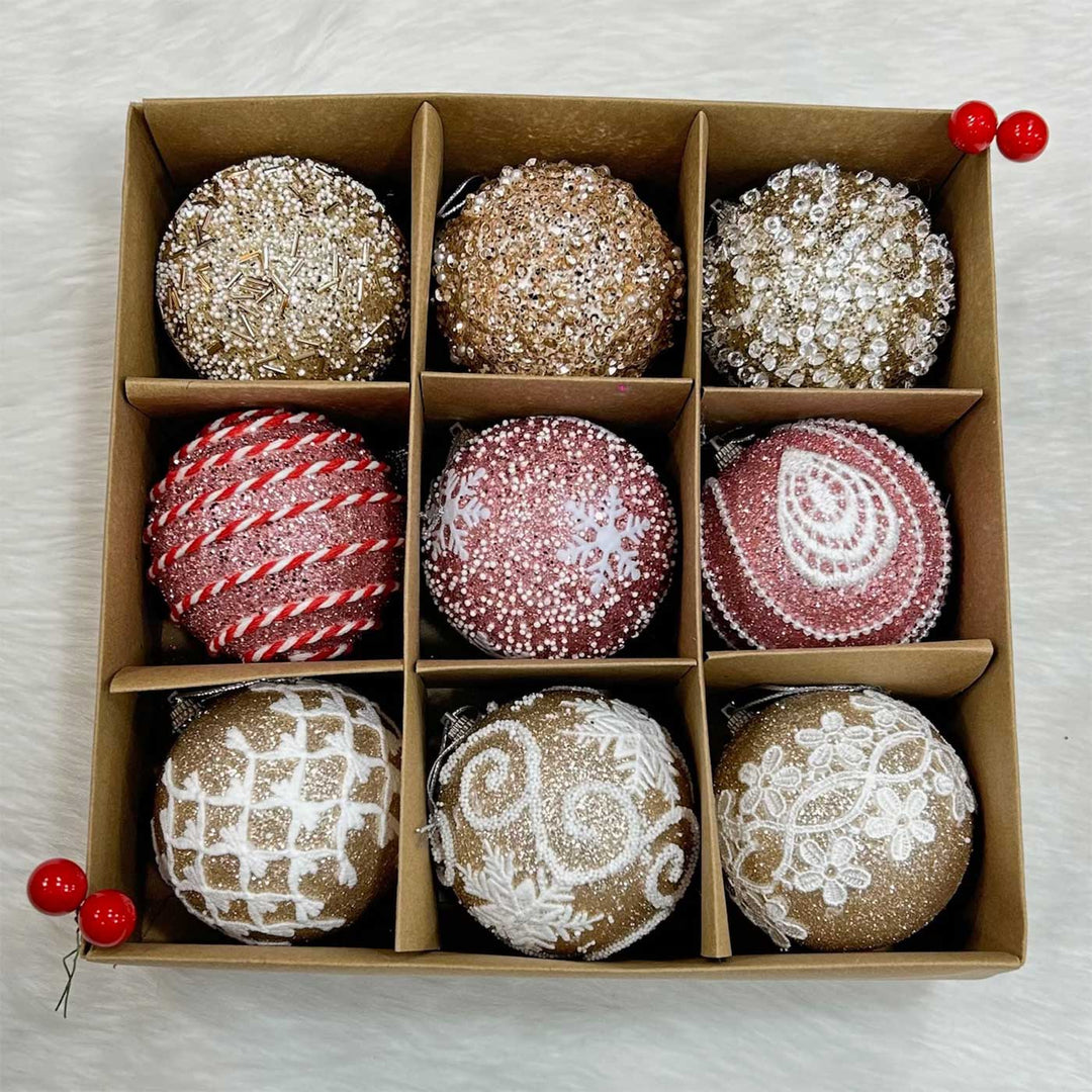 Handmade Gold & Pink Shimmer Embellished Chirstmas Ball Ornaments For Decoration | Set Of 9