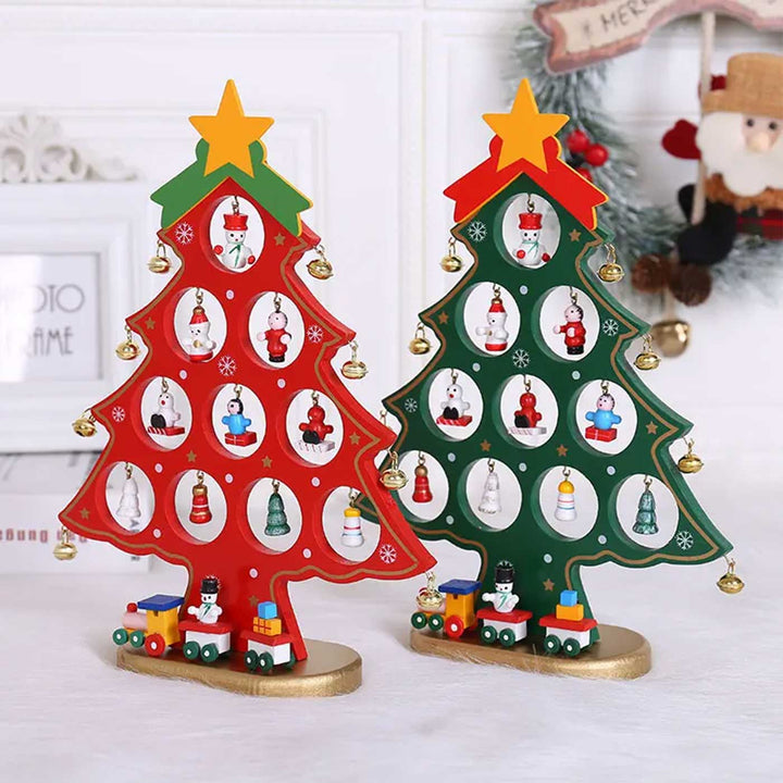 Merry Mistletoe Xmas Tree With 21 Ornaments Wooden DIY Decor | Set Of 2