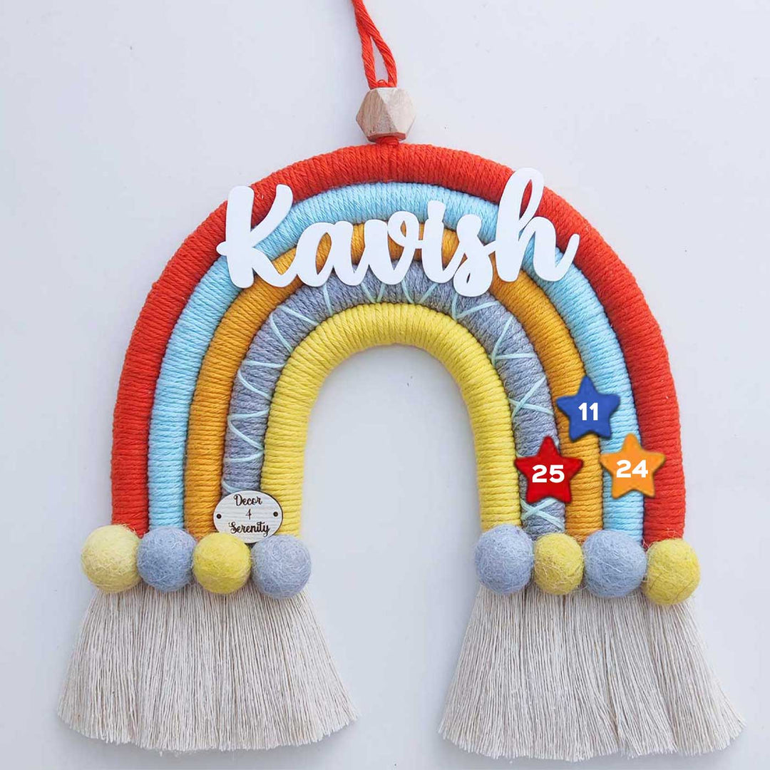 Personalized Handmade Macrame Orange & Yellow Pom Pom Rainbow Kids Name Plate With 3D Letters