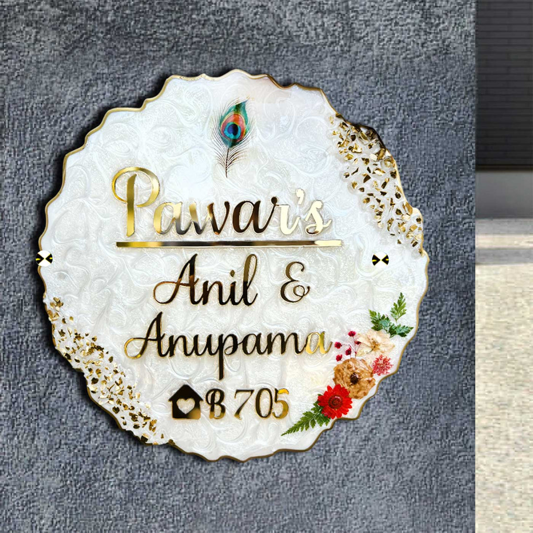 Personalized White Floral Theme Resin & Acrylic Waterproof Name Plate