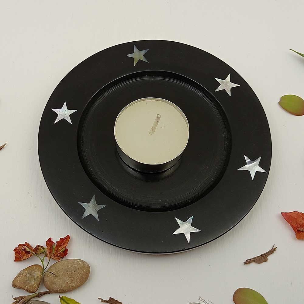 Handmade Black Ziya Inlay Stars Candle Holder