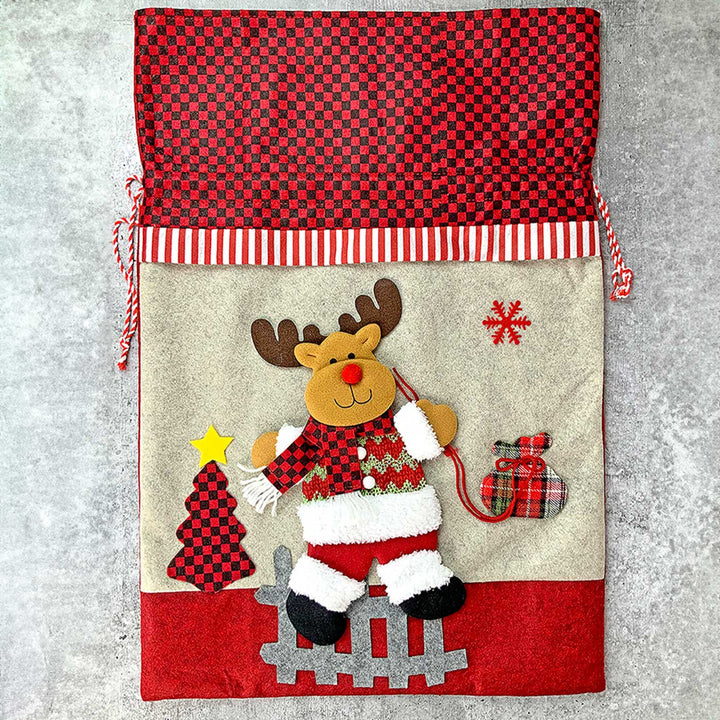 Handmade Deer Red & Grey Checks Plush Fabric Gift Sacks For Christmas Decoration