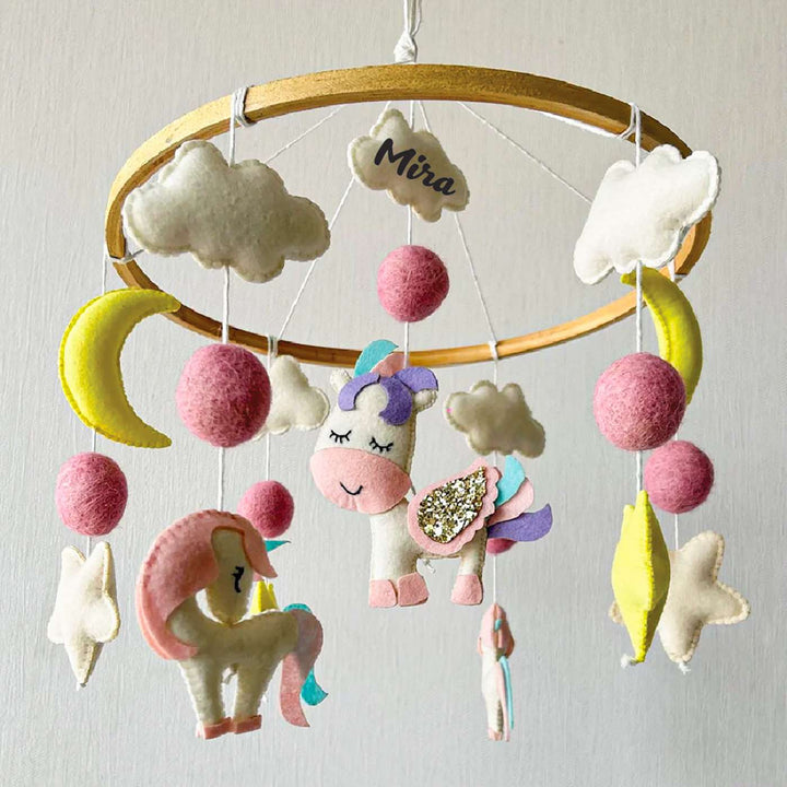 Personalised Handmade Dreamy Unicorn Felt Cot Mobile For Newborns