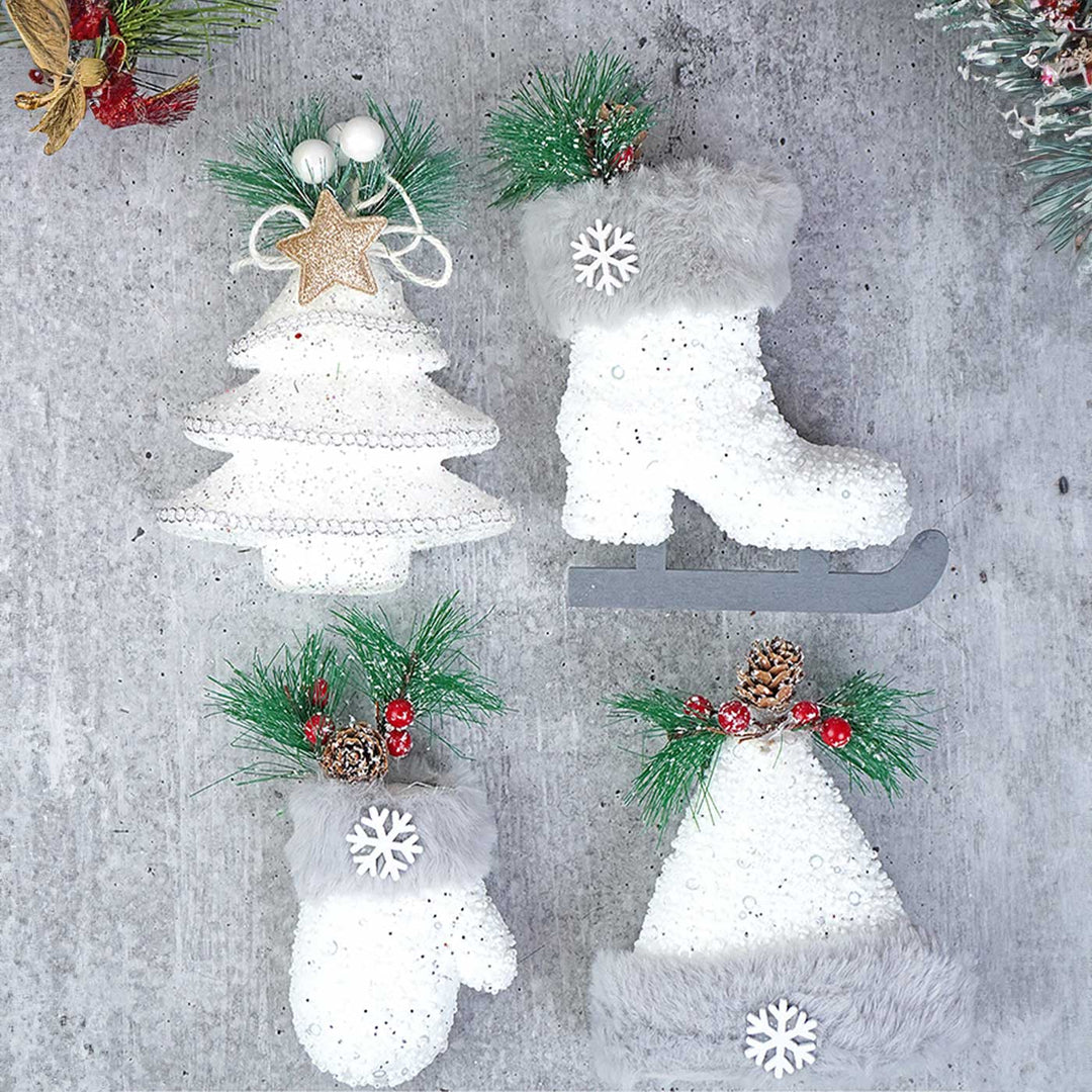 Handmade Silver Furry Winter Accessories Themed Ornaments For Christmas Tree Decoration | Set Of 4