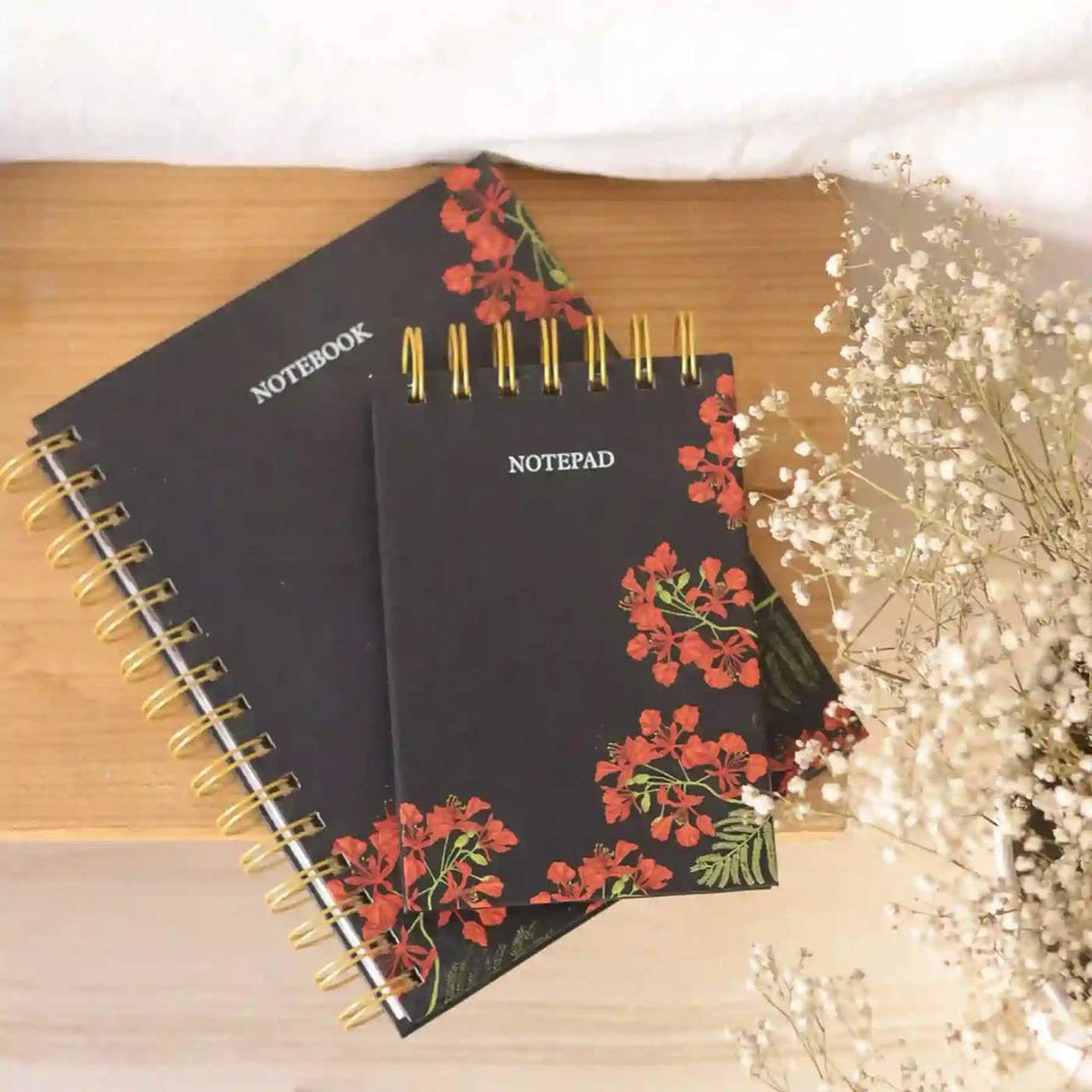 Handmade Gulmohar Black Spiral Notebook and Notepad Set | 80 Pages