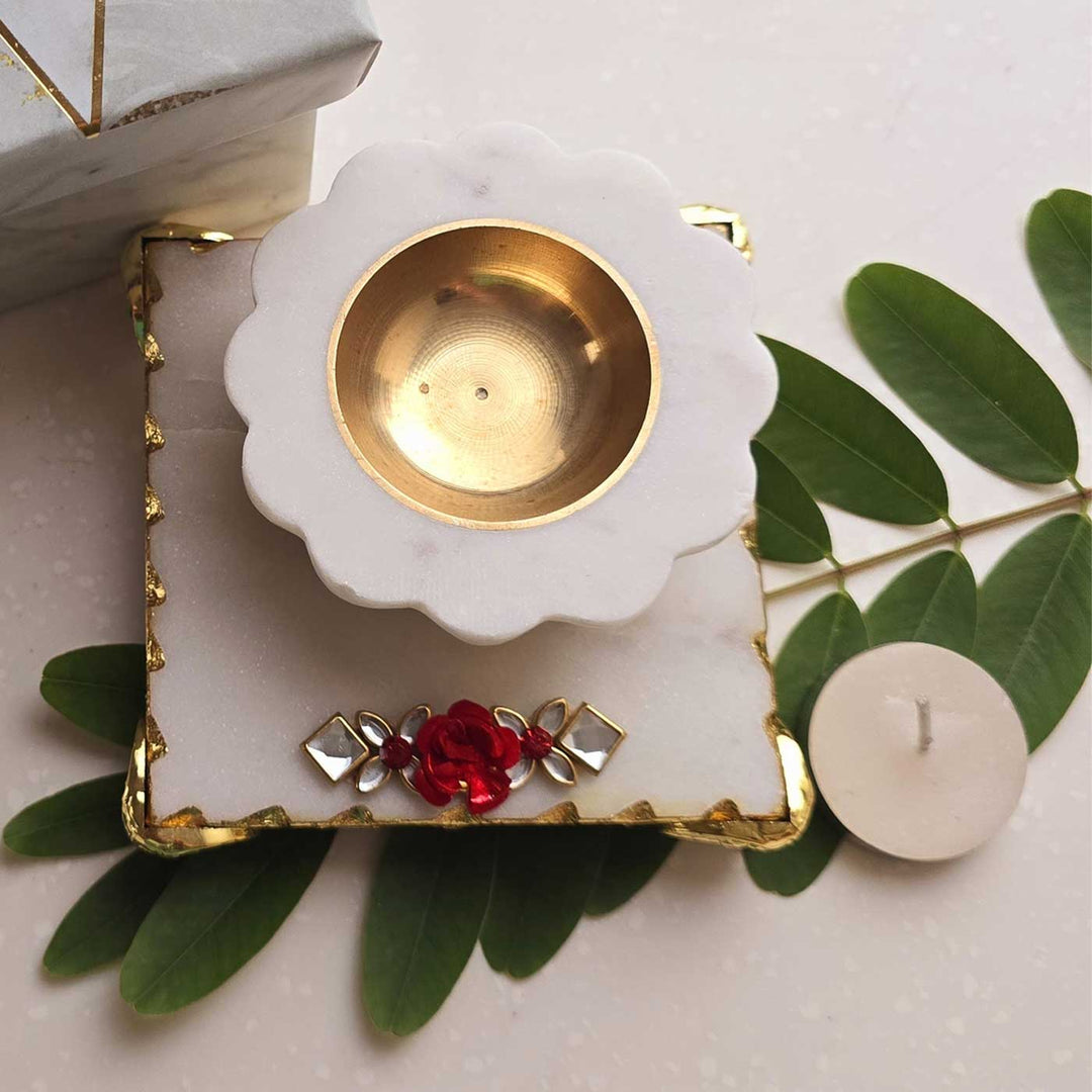 Handmade Floral Marble & Brass Diya With Pooja Chowki | Set of 2