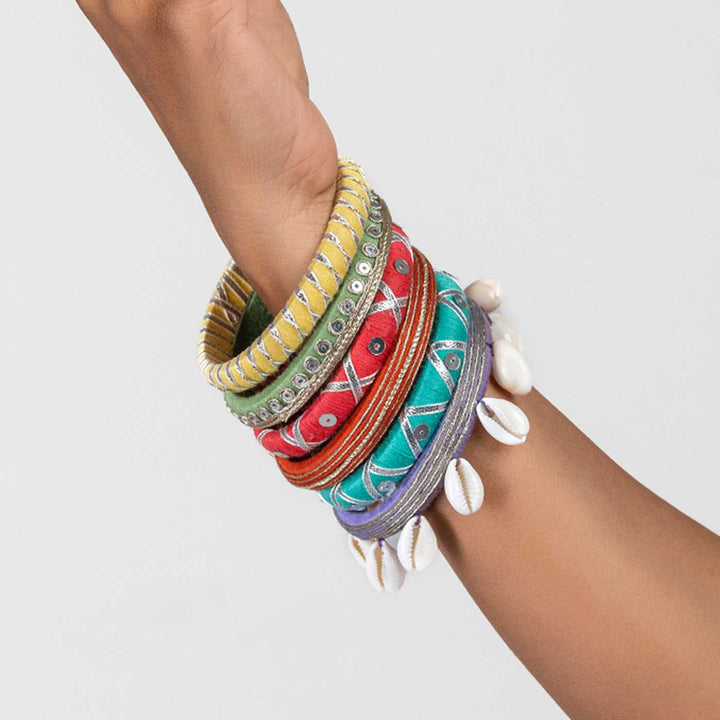 Multicolour Handcrafted Brinda Silver Gotapatti Colourful Shell Bangles | Set of 6