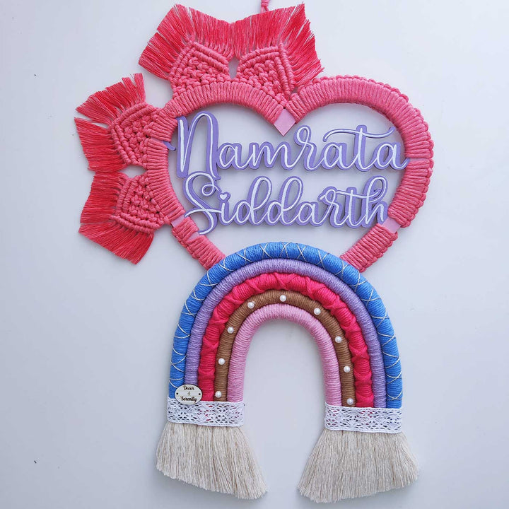 Personalized Handmade Macrame Pink Heart Shaped Name Plate With 3D Letters