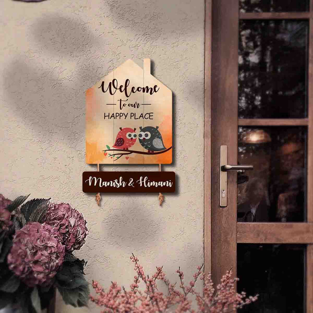 Printed Wooden House Shaped Owl Nameplate For Family