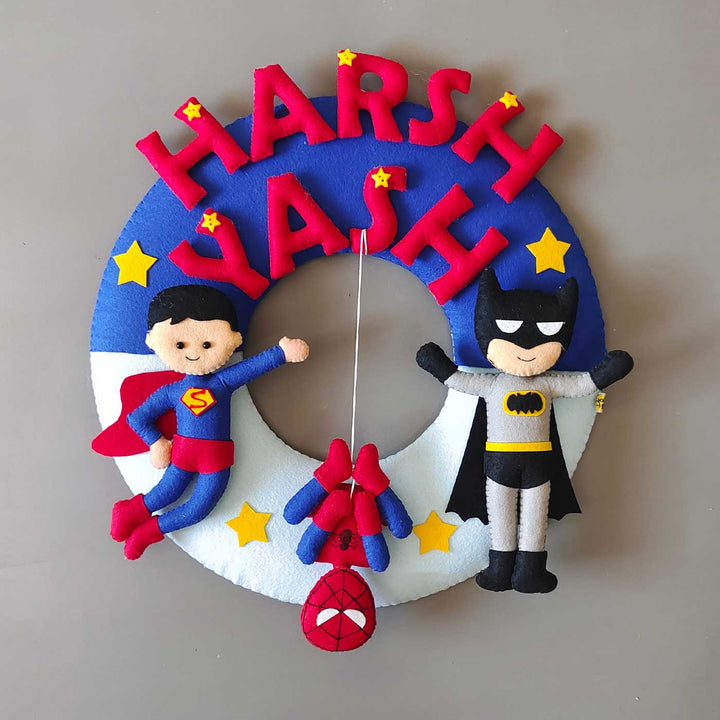 Personalized Superhero Theme Felt Kids Name Plate For Siblings