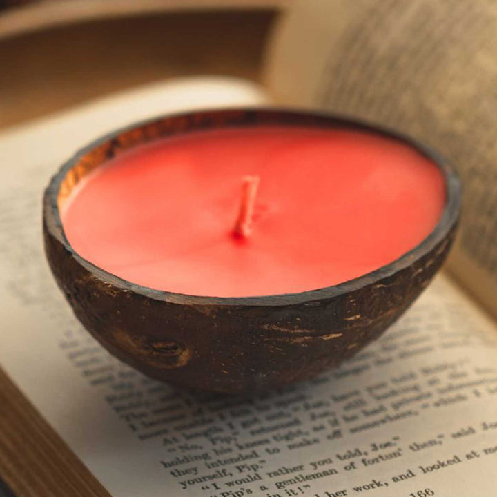 Eco-friendly Handmade Red Scented Coconut Shell Candle | Set Of 2