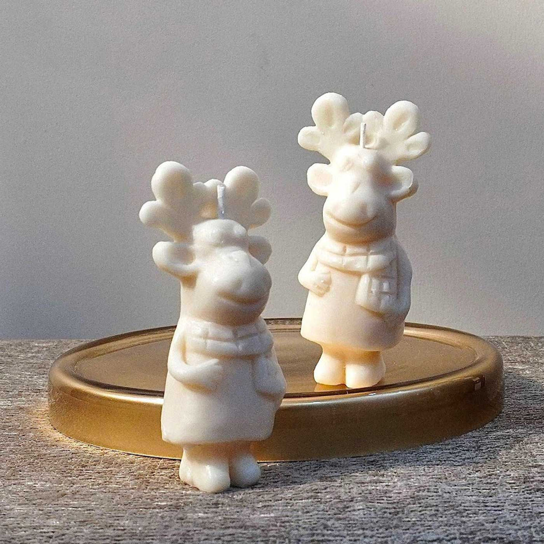 Handmade White Reindeer Pillar Candles For Christmas Decoration| Set Of 2