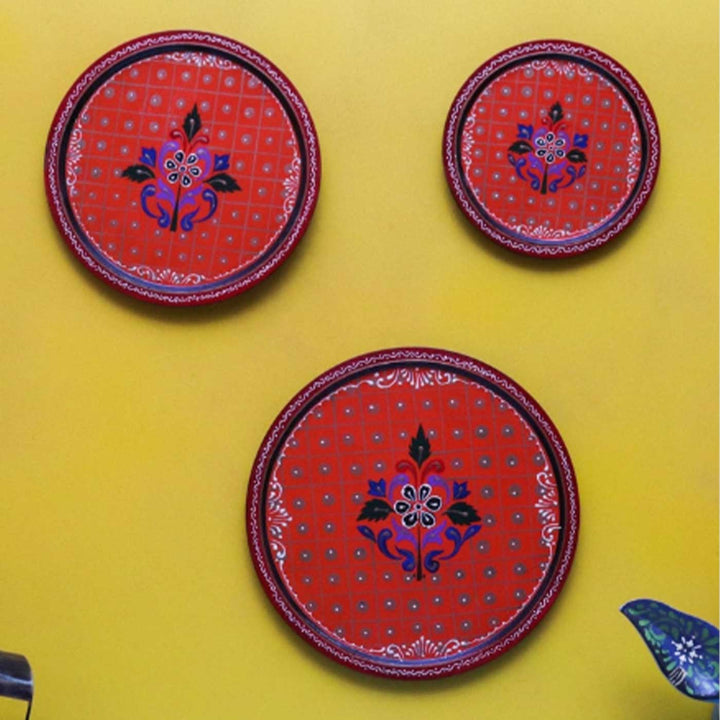 Hand-Painted Red Ornate Wooden Wall Plate | Set Of 3