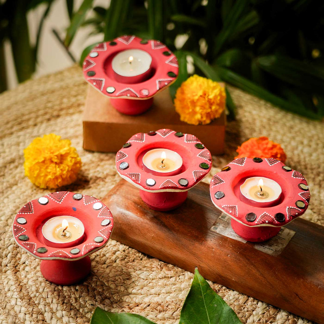 Handmade Red Terracotta Tealight Holder | Set Of 4