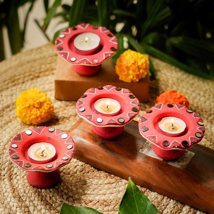 Handmade Red Terracotta Tealight Holder | Set Of 4