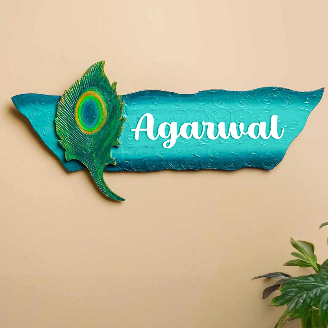 Personalized Peacock Feather Theme Mdf Wood Name Plate