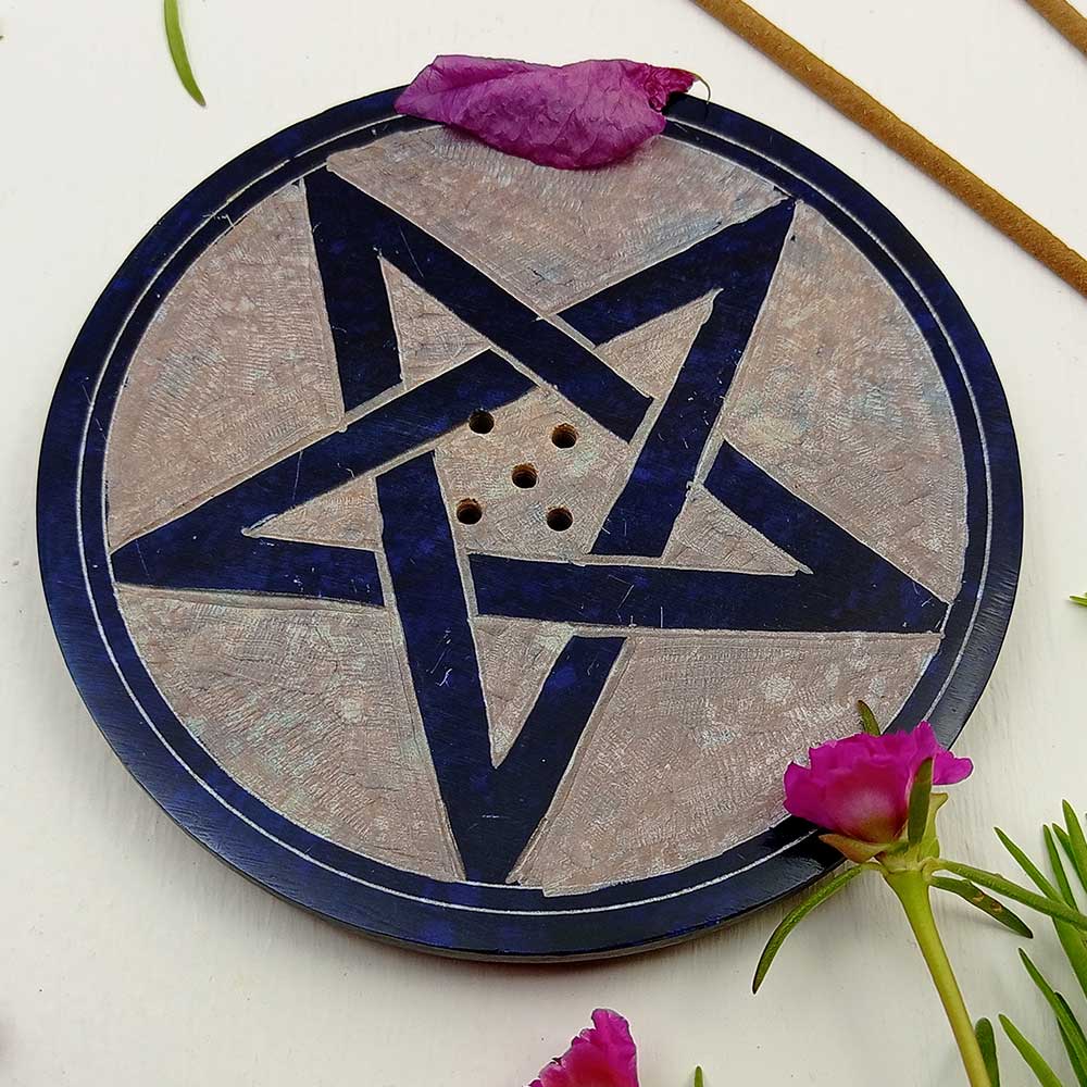 Handmade Blue Givon Pentacle Soapstone Incense Stick Holder | Set of 2