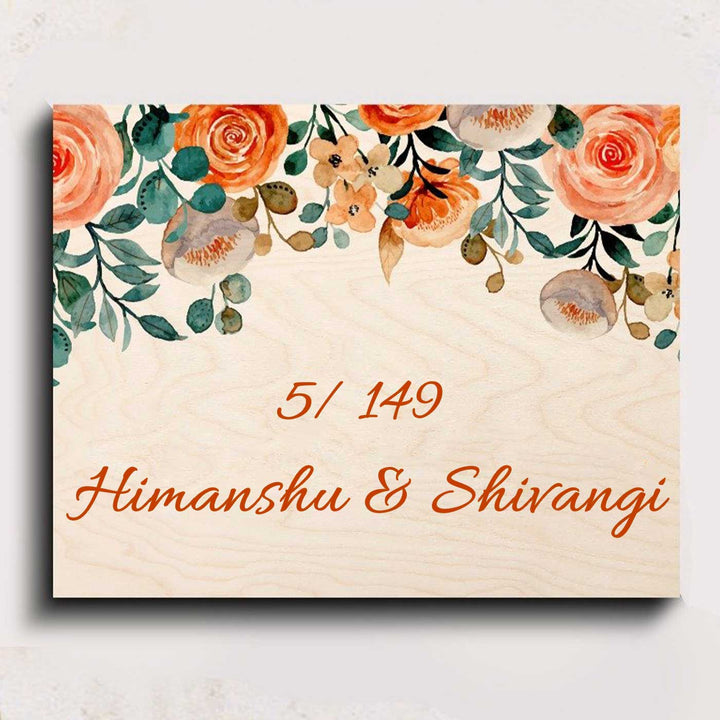 Printed Orange Floral Wooden Rectangle Nameplate