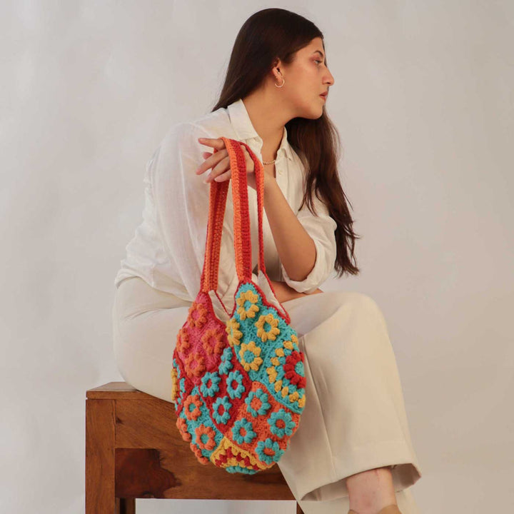 Handmade Crochet Multicolour Floral Tote Bag