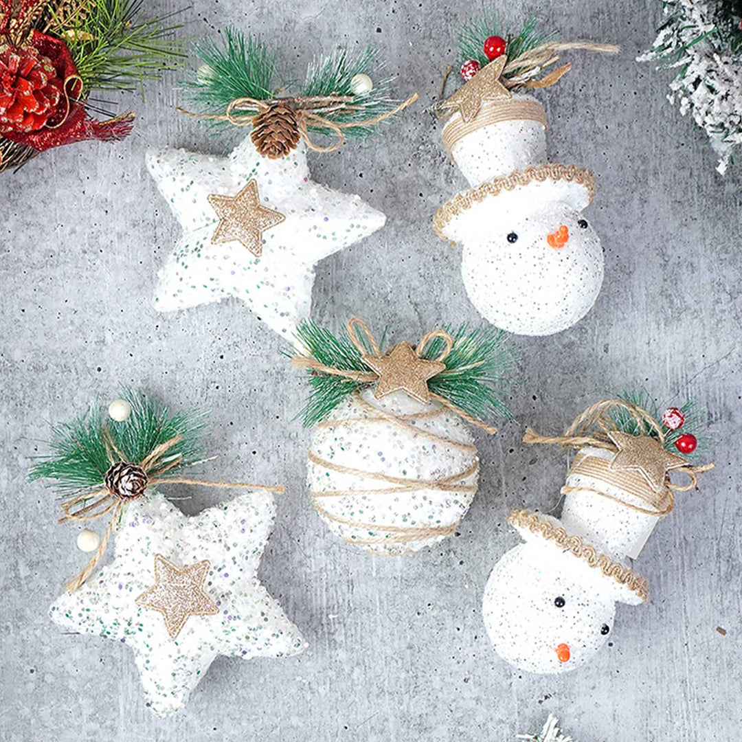 Handmade White Double Glitter Ornaments For Christmas Tree Decoration | Set Of 5