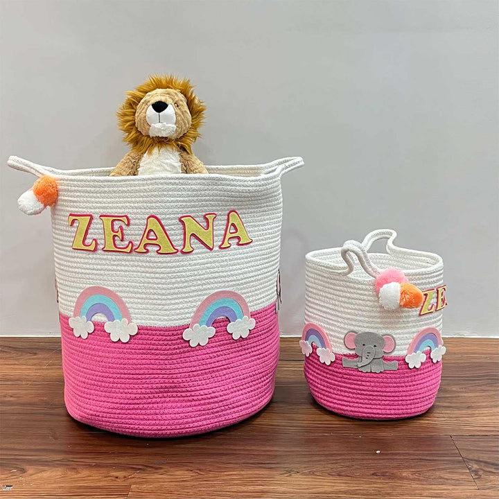 Personalized Handmade Elephant’S Magical Rainbow Jute Basket For Kids