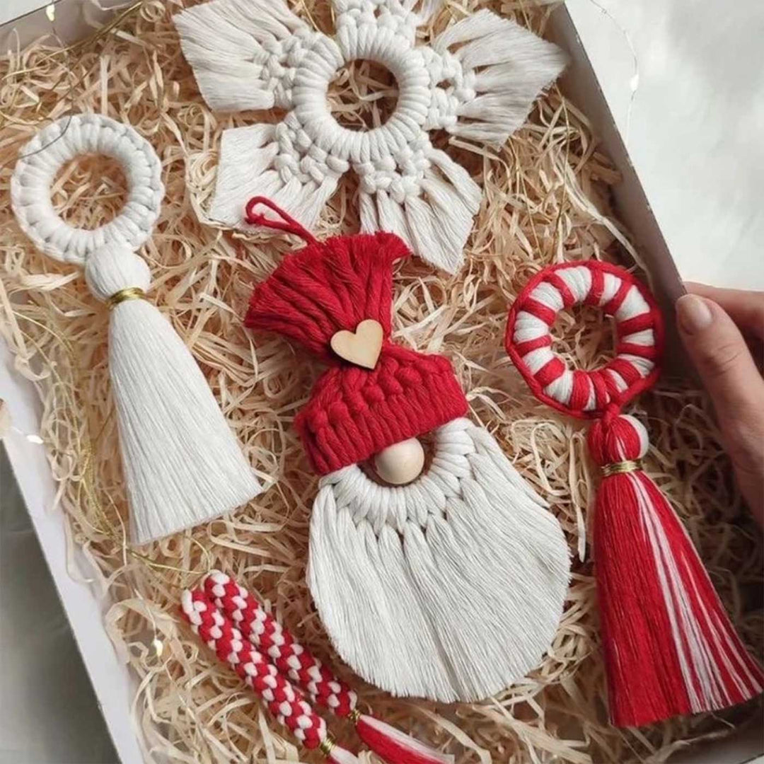 Handmade Macrame Red & White Mixed Christmas Ornament | Set Of 6