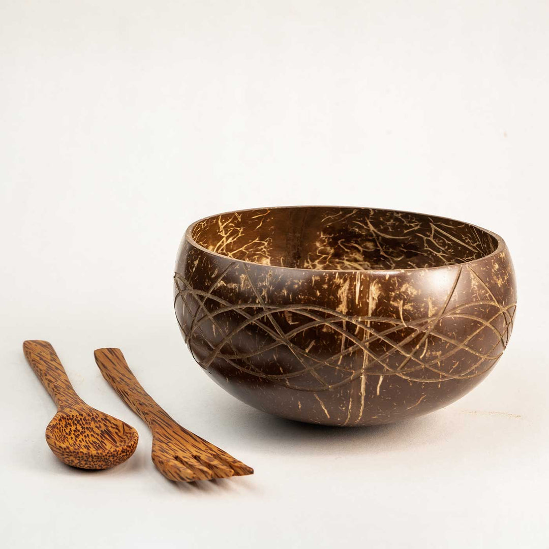 Coconut Shell Wave Jumbo Bowl with Spoon and Fork