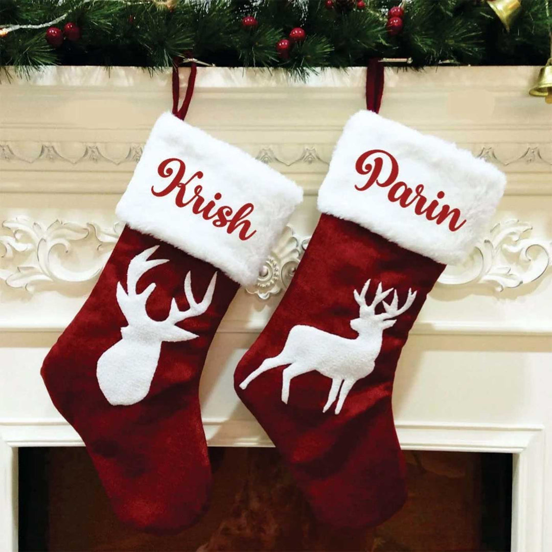 Personalized Reindeer Furry Band Velvet & Fur Stockings For Christmas Decoration