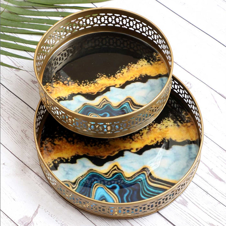 Handmade Round Blue & Black Metal Meena Tray | Set Of 2