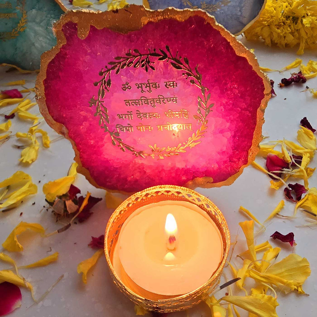 Handmade Pink Gayatri Mantra Agate Stone Tea Light Holder