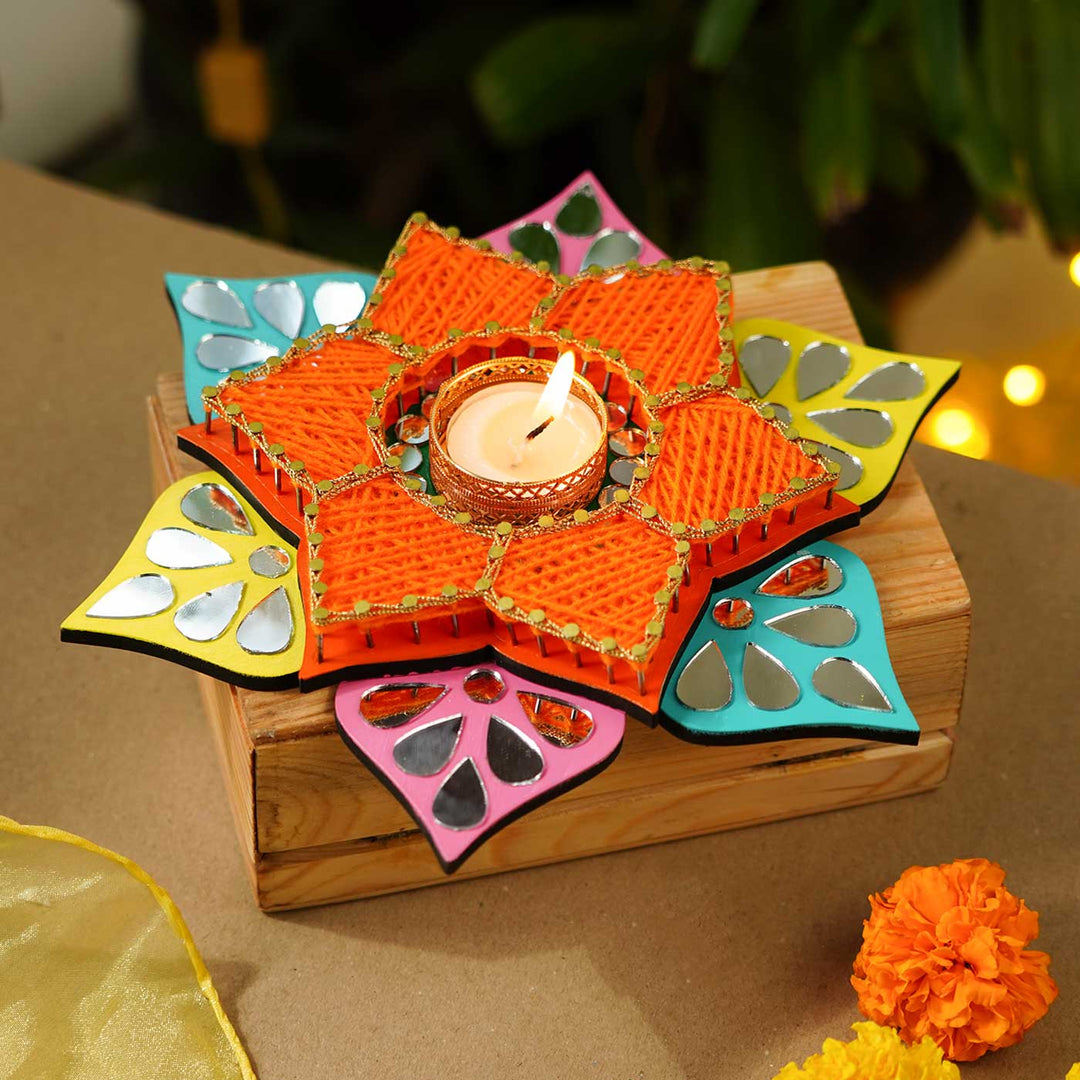 Floral Shaped Orange String Art & Mirrors Tealight Holder