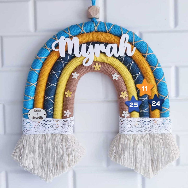 Personalized Handmade Macrame Blue & Yellow Rainbow Kids Name Plate With 3D Letters