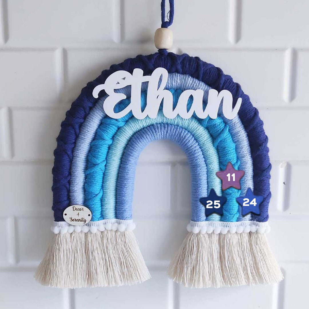 Personalized Handmade Macrame Blue Rainbow Kids Name Plate With 3D Letters