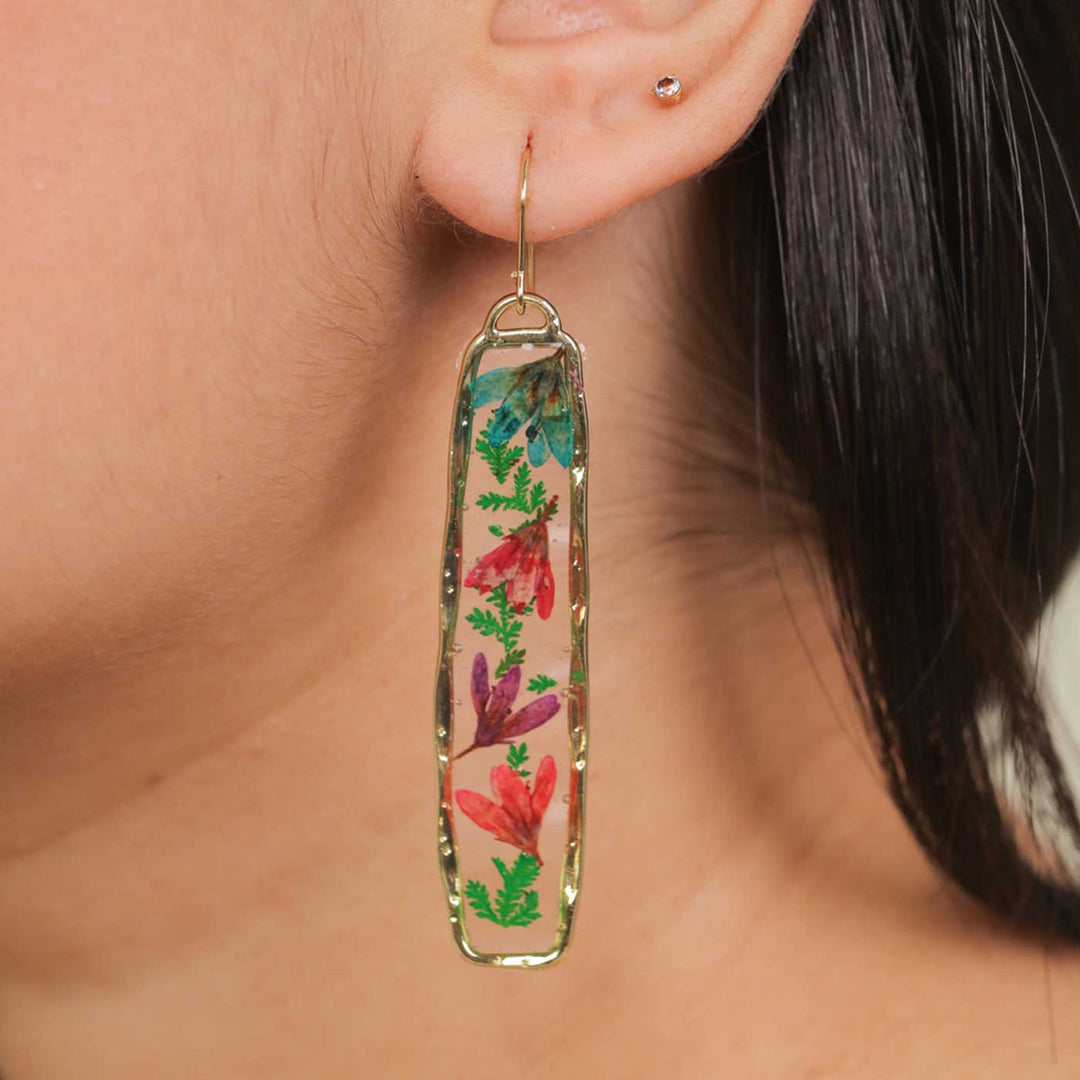 Handmade Preserved Flower Long Tube Wildflower Gold Brass Earrings