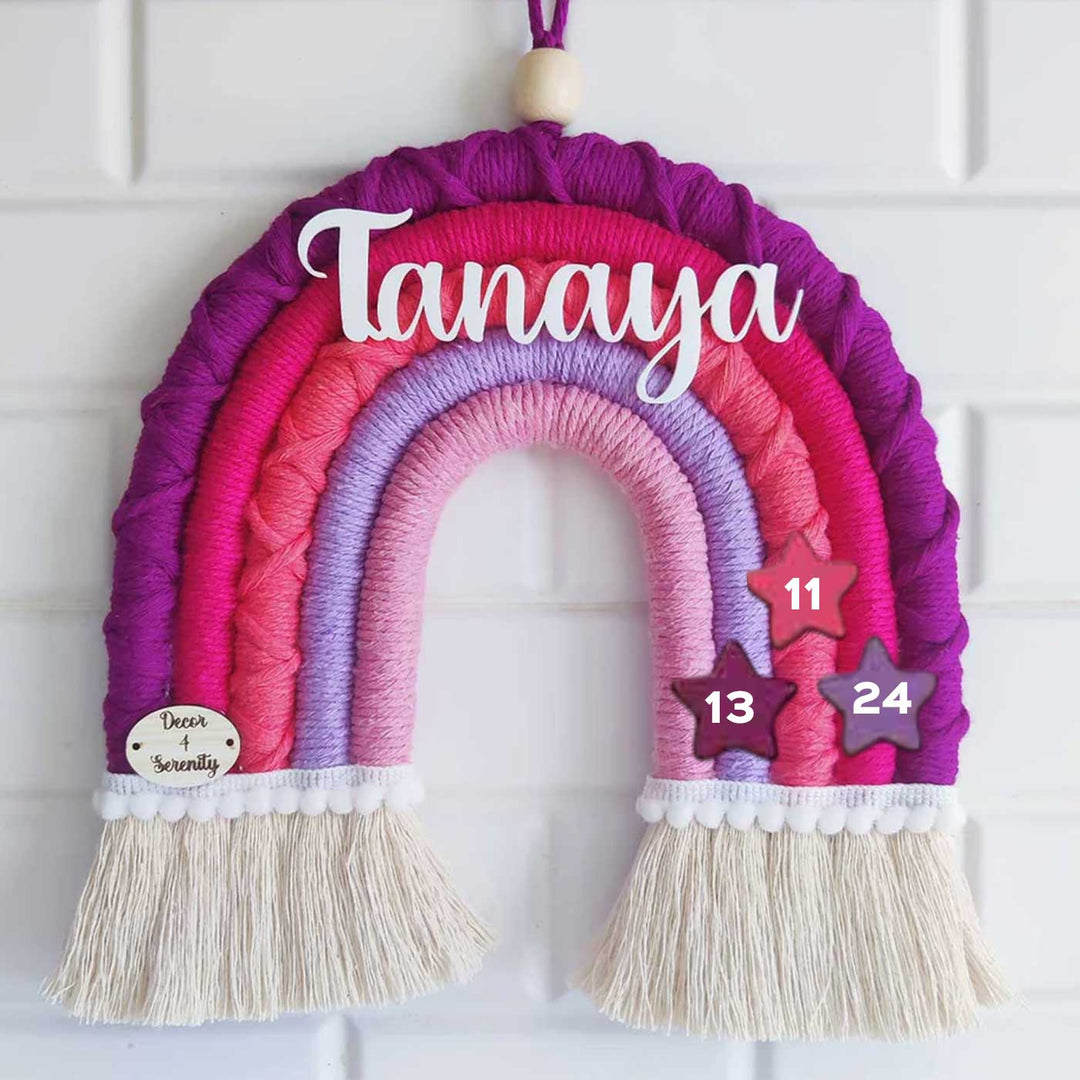 Personalized Handmade Macrame Purple & Pink Rainbow Kids Name Plate With 3D Letters