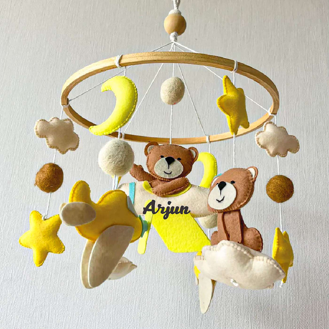 Personalised Handmade Teddy'S Sky Adventure Felt Cot Mobile For Newborns