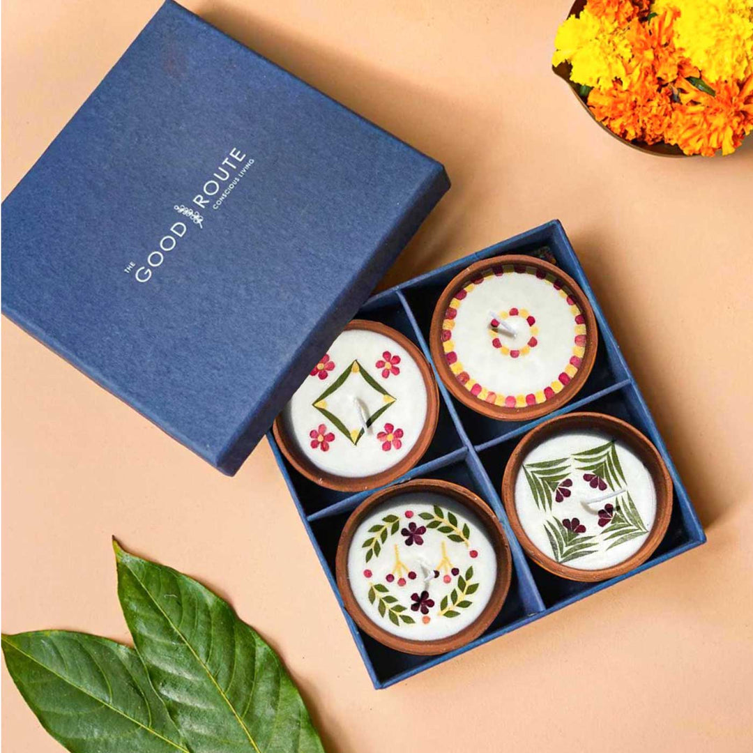 Soy Wax & Earthen Festive 4 Inch Diyas | Set of 4