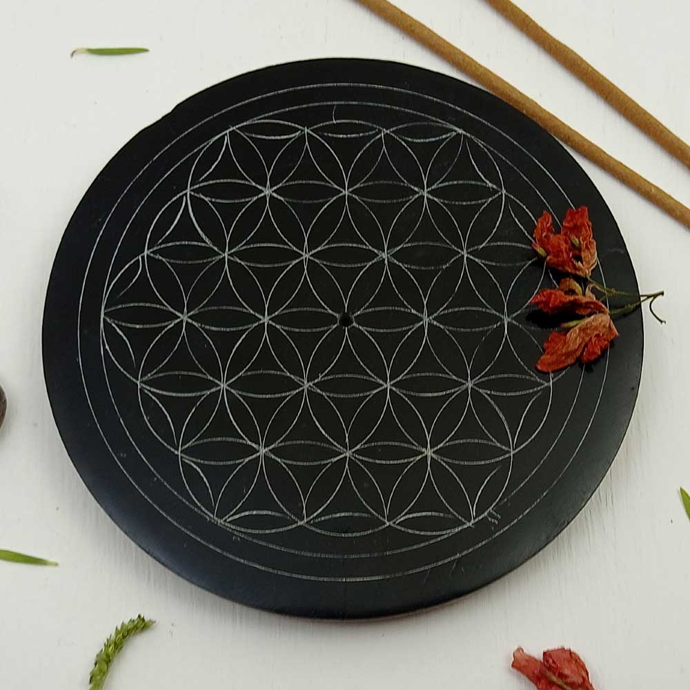 Handmade Black Adara Flowers Of Life Soapstone Incense Stick Holder | Set of 2