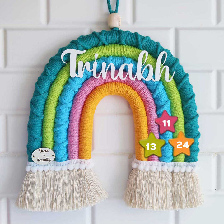 Personalized Handmade Macrame Green & Blue Rainbow Kids Name Plate With 3D Letters