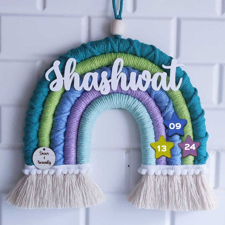 Personalized Handmade Macrame Green & Purple Rainbow Kids Name Plate With 3D Letters