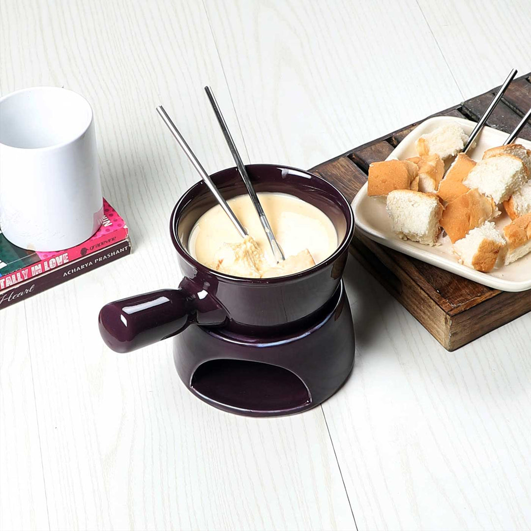 Handmade Purple Fondue Set With Plate & Fondue Sticks | Set of 6