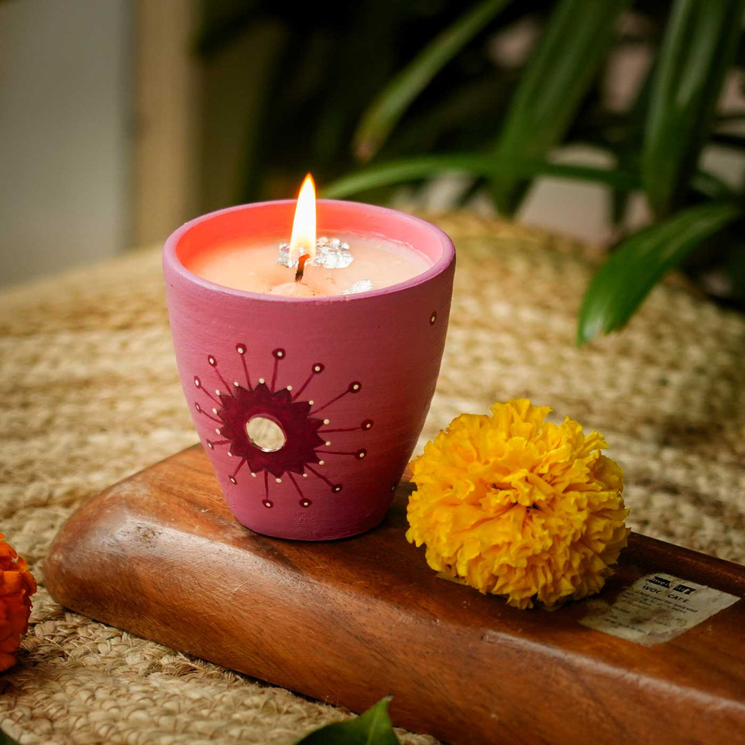 Hand-Painted Scented Pink Terracotta Candle