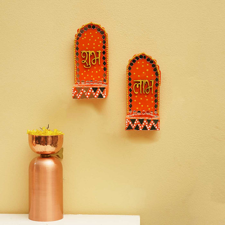 Handmade Orange Shubh Labh MDF Tealight Holder | Set Of 2