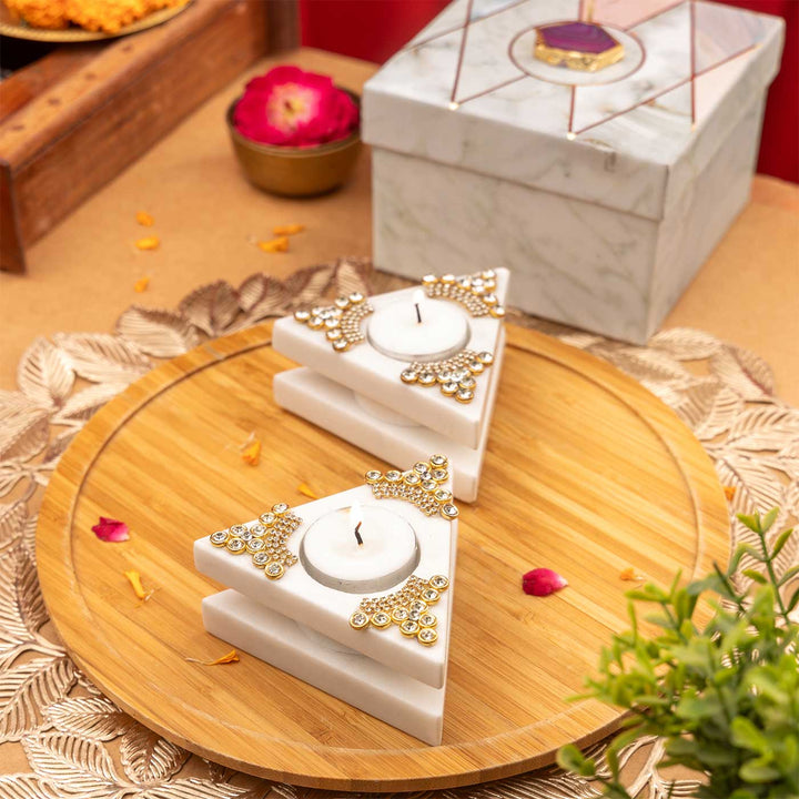 Handmade Decorative Triangular Marble Tealight Holder | Set Of 2