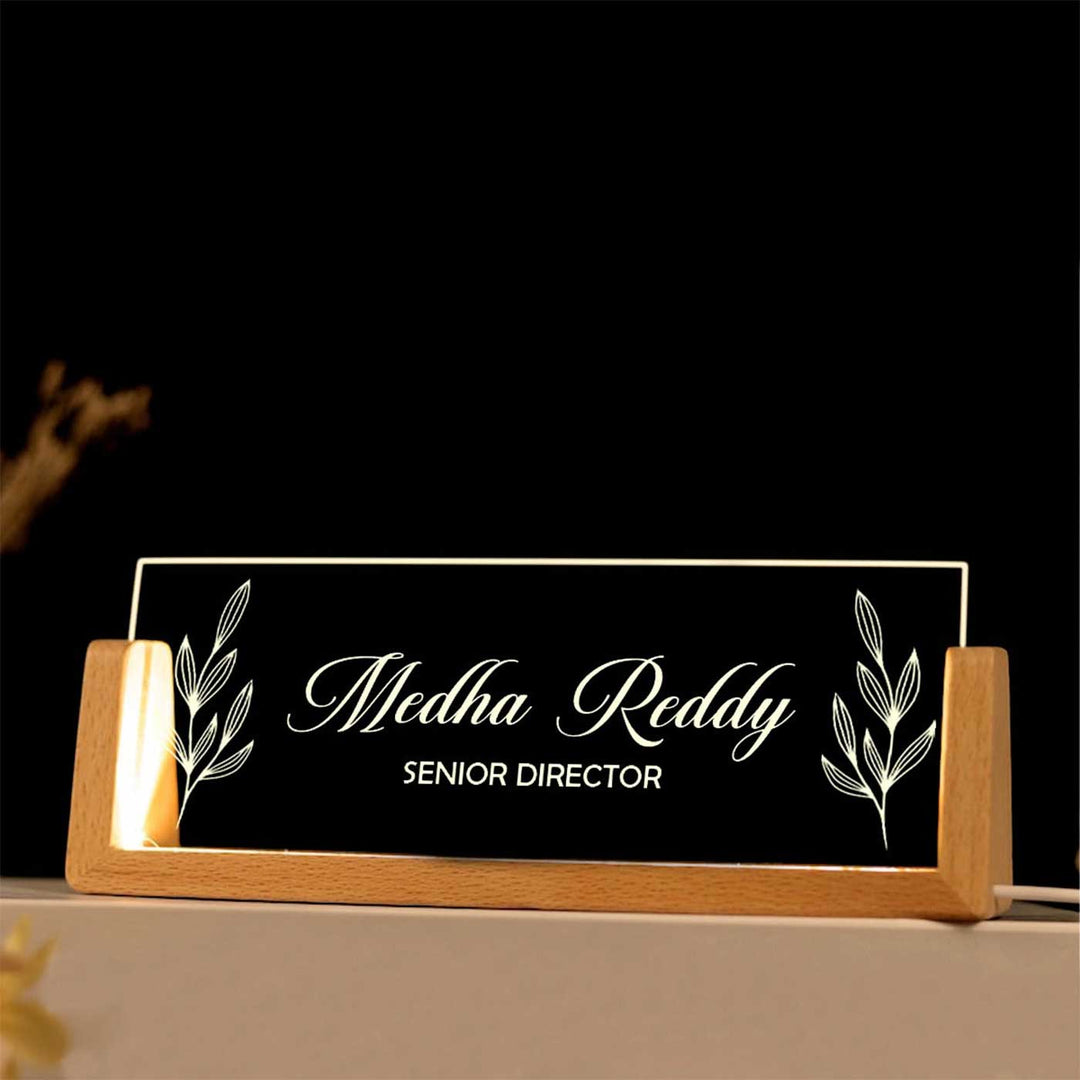 Personalized Profession Floral Theme Sleek Glass Desk Nameplate With LED Light