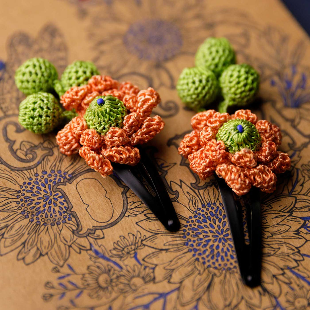 Handmade Orange Loopy Teardrop Flower Hair Clips | Set of 2