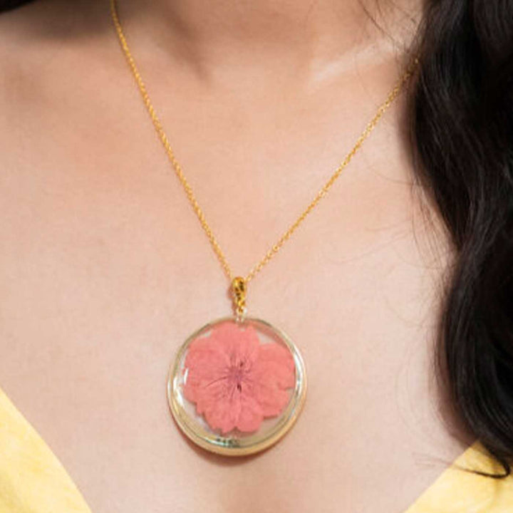 Handmade Preserved Flower Round Cherry Blossom Brass Necklace