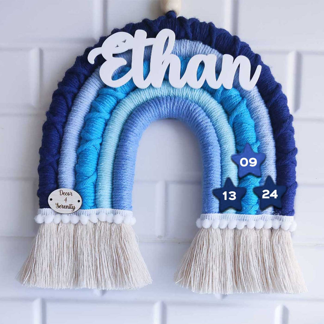 Personalized Handmade Macrame Blue Rainbow & Tassel Garland Combo Kids Name Plate & Bunting Combo With 3D Letters