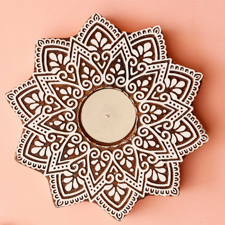 Handmade Carved Flower Rangoli Wooden Block Tealight Holder | Set Of 2