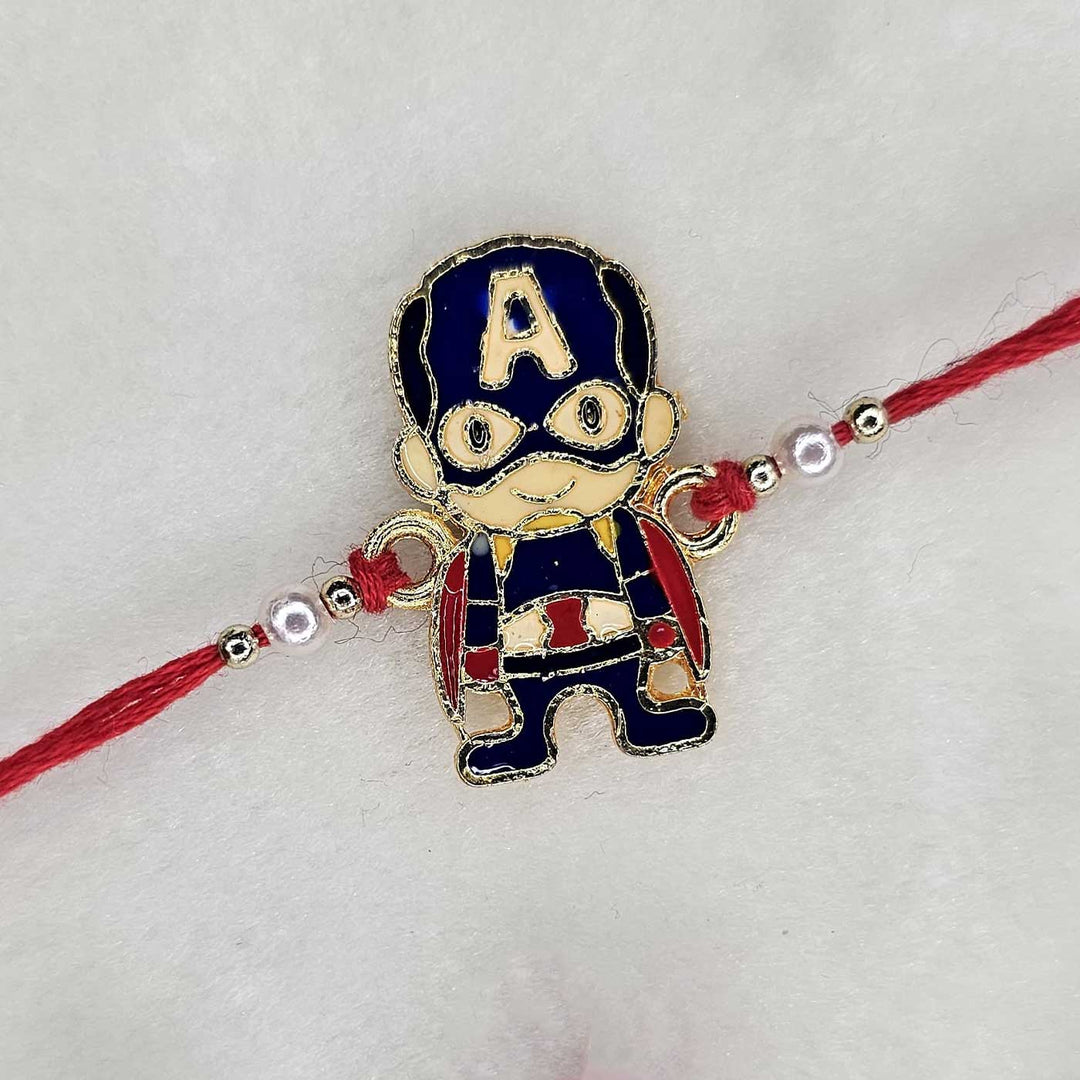 Handmade Captian America Metal Kids Rakhi With Roli Chawal